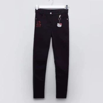 Pantalon jeans fille + gadget porte clé Hello Kitty - Noir 